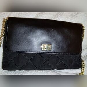 Talbots Black Leather And Quilten Nylon Crossbody Bag